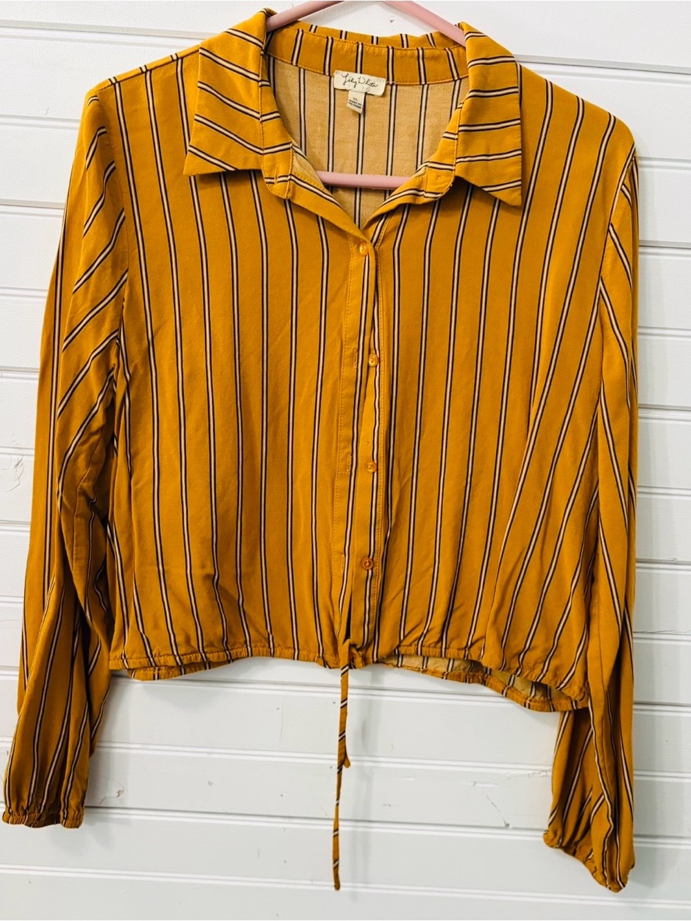 Striped Mustard Button-Down Drawstring Shirt - Life in Progress